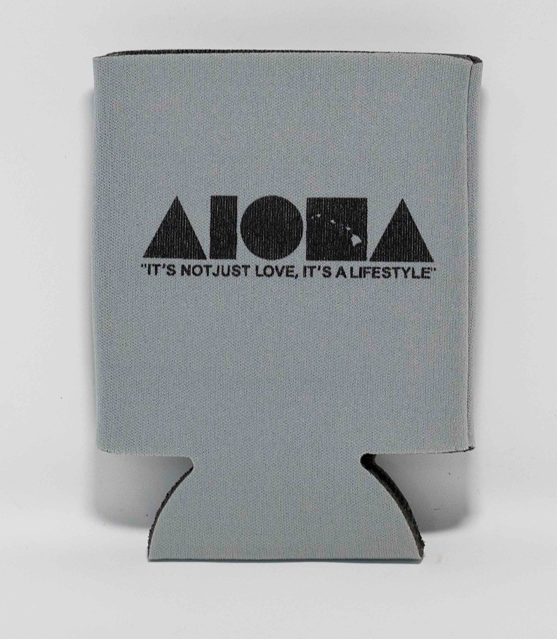 Grey Aloha Shapes ® logo koozie with tagline below "It's not just love, it's a lifestyle"