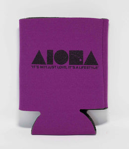 Purple Aloha Shapes ® logo koozie with tagline below "It's not just love, it's a lifestyle"