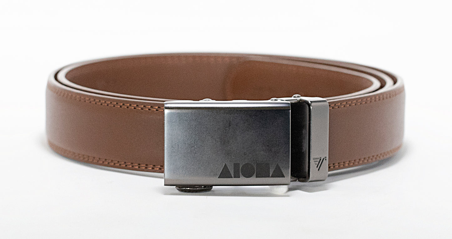 Brown leather Aloha Shapes® Mission belt with gunmetal buckle