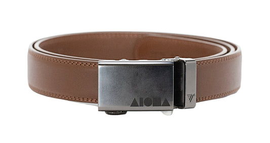 Brown leather Aloha Shapes® Mission belt with gunmetal buckle