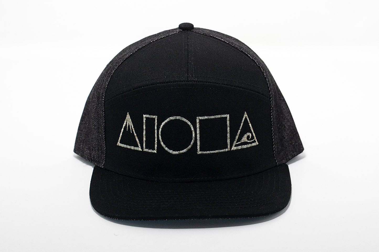 Black and grey denim adult snapback hat embroidered with Mauka to Makai Aloha Shapes logo in ombre grey 