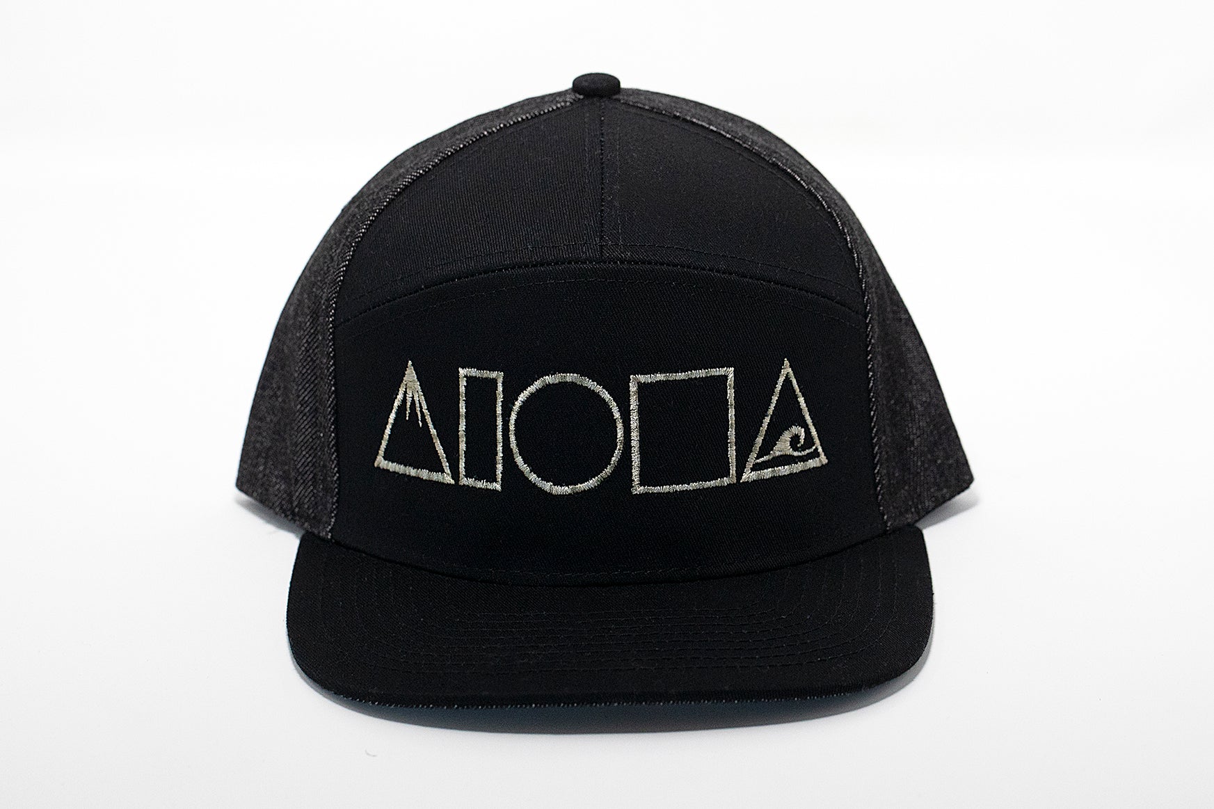 Black and grey denim adult snapback hat embroidered with Mauka to Makai Aloha Shapes logo in ombre grey 