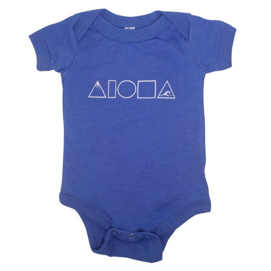 Heather columbia blue babies short sleeve onesie hand printed with white Mauka to Makai Aloha Shapes logo on front.