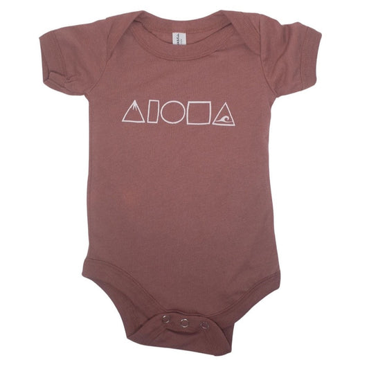 Mauve triblend babies onesie printed with Mauka to Makai Aloha Shapes® logo in white. Designed on Maui Hawaii