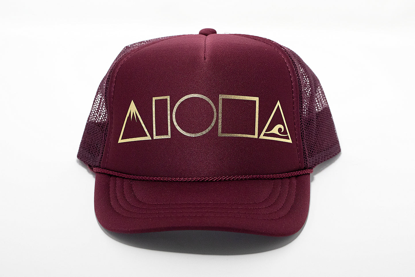 Maroon foam trucker hat printed with our new Mauka to Makai Aloha Shapes logo in metallic gold