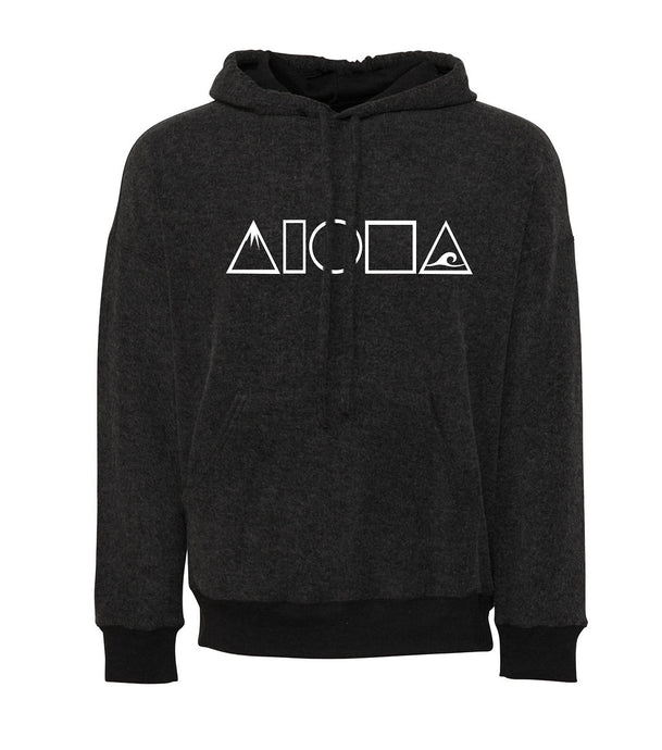 Black heather unisex sueded fleece hoodie printed on front chest with Mauka to Makai Aloha shapes logo on front