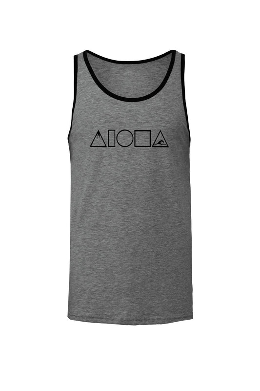 Unisex tanktop in dark heather grey screen printed with Mauka to Makai Aloha Shapes logo in black on front chest. Neck and armholes in contrasting black 