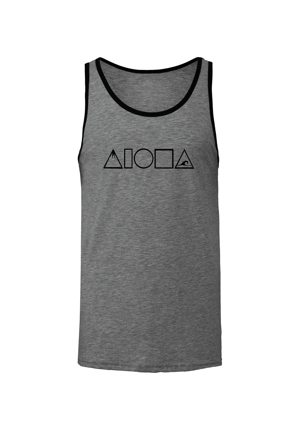 Unisex tanktop in dark heather grey screen printed with Mauka to Makai Aloha Shapes logo in black on front chest. Neck and armholes in contrasting black 