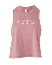 Heather orchid womens cropped racerback tank top printed on front with Mauka to Makai Aloha Shapes logo in white