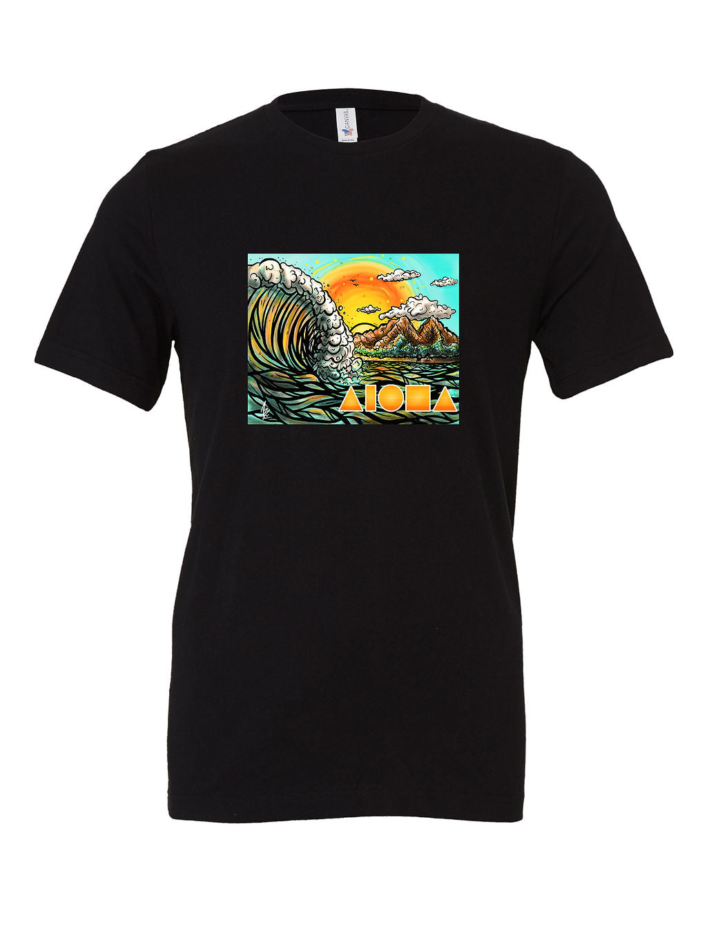 Black t-shirt featuring a Cartoon drawing of west side Maui beach surf spot designed in Big Island Hawaii and printed in Maui, Hawaii
