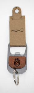 Eucalyptus wood and metal keychain bottle opener made in Maui Hawaii etched with outline of pineapple