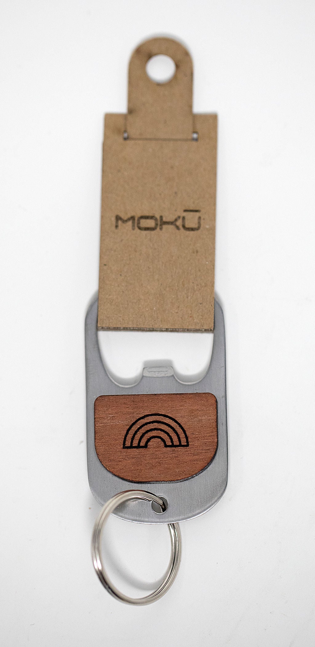 Eucalyptus wood and metal keychain bottle opener made in Maui Hawaii etched with outline of rainbow