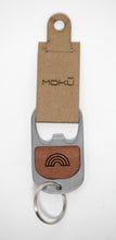 Eucalyptus wood and metal keychain bottle opener made in Maui Hawaii etched with outline of rainbow