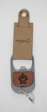 Eucalyptus wood and metal keychain bottle opener made in Maui Hawaii etched with outline of turtle