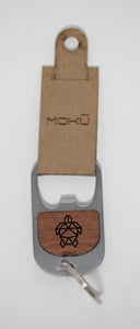 Eucalyptus wood and metal keychain bottle opener made in Maui Hawaii etched with outline of turtle