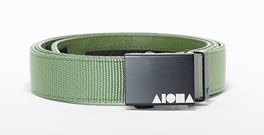Green nylon Aloha Shapes® Mission belt with black gunmetal buckle