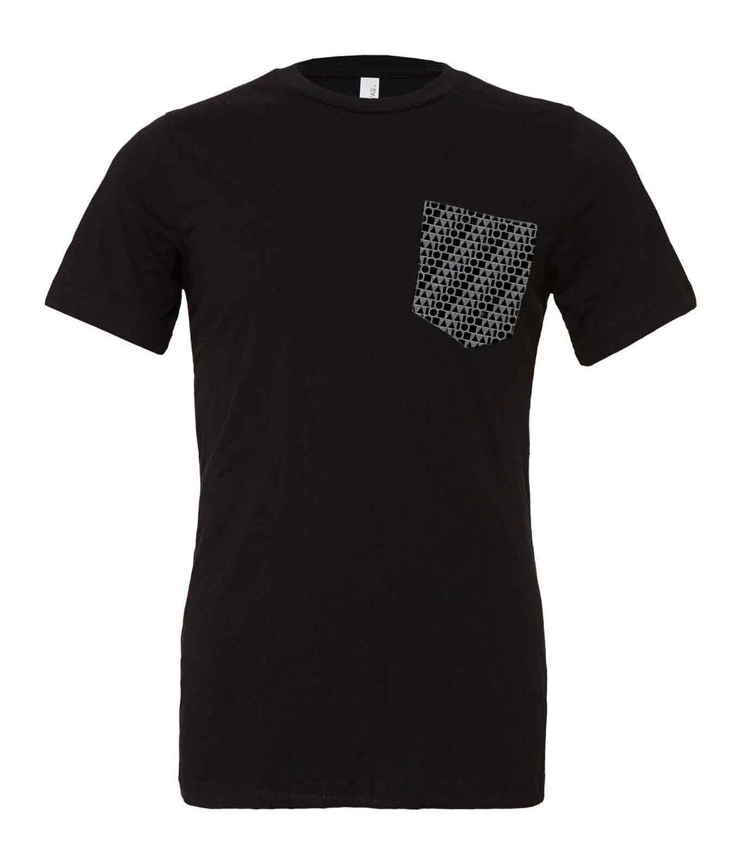 Black unisex short sleeve pocket tee printed on grey pocket with black repeated Aloha Shapes logo