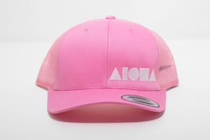 Pink mesh-back Adult curved bill snapback hat embroidered in Maui Hawaii with white Aloha Shapes logo