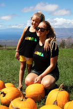 Young girl and mother in pumpkin patch in upcountry Maui Hawaii wearing black Rainbow Aloha Shapes® youth racerback tank