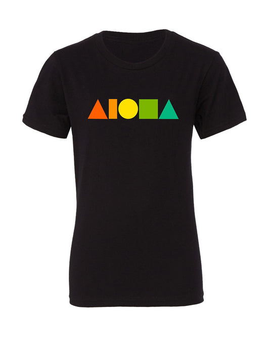Unisex cotton blend tee in black heather printed on front chest with Aloha Shapes® logo in rainbow color scheme. 