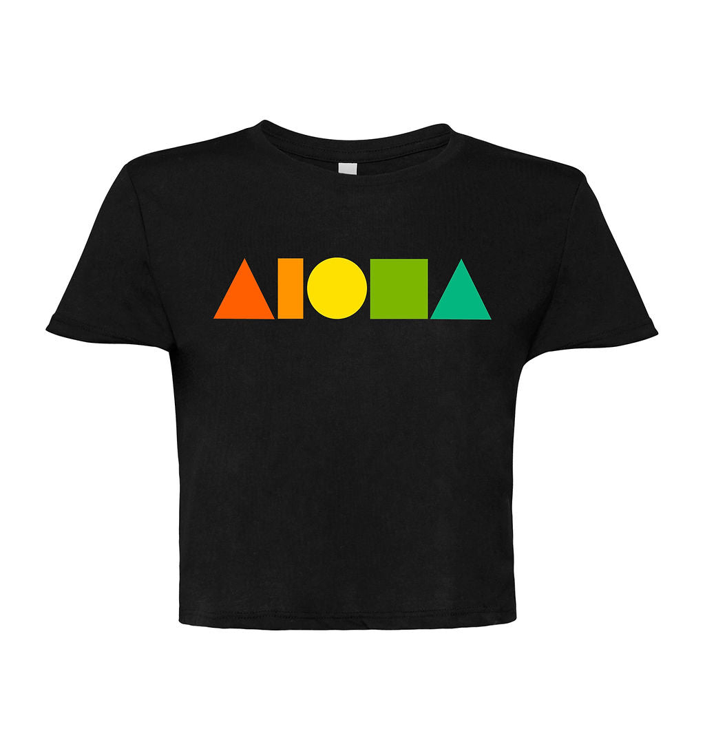 Womens flowy crop top in black printed on front with rainbow colored Aloha Shapes® logo