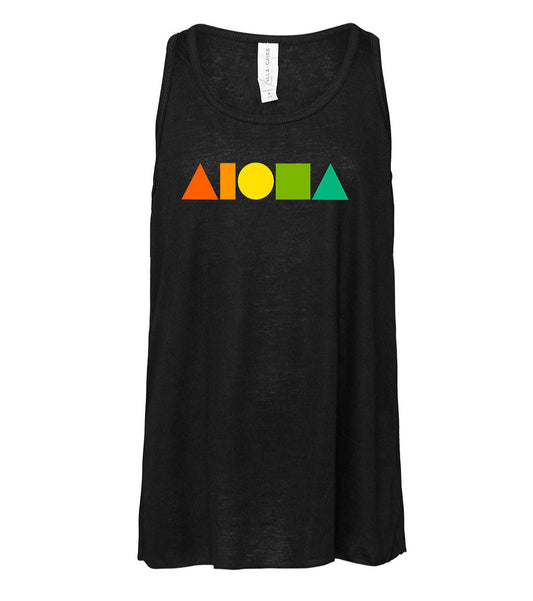 Youth racerback tank in black screen printed on front with Rainbow Aloha shapes® logo