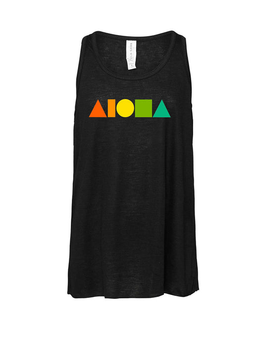 Youth racerback tank in black screen printed on front with Rainbow Aloha shapes® logo