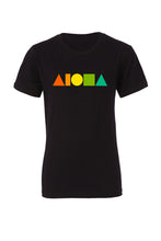 Black youth t-shirt screen printed on front chest with Rainbow Aloha Shapes ® logo