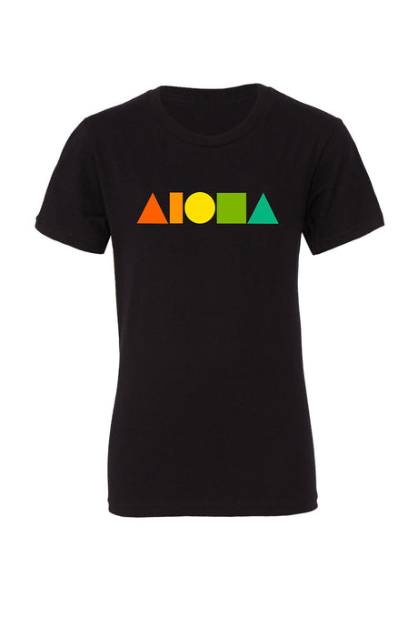 Black youth t-shirt screen printed on front chest with Rainbow Aloha Shapes ® logo