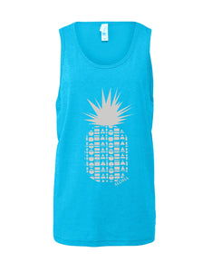 Neon blue unisex youth tank top screen printed in Maui, Hawaii with our Repeat Pineapple Aloha Shapes® logo in grey