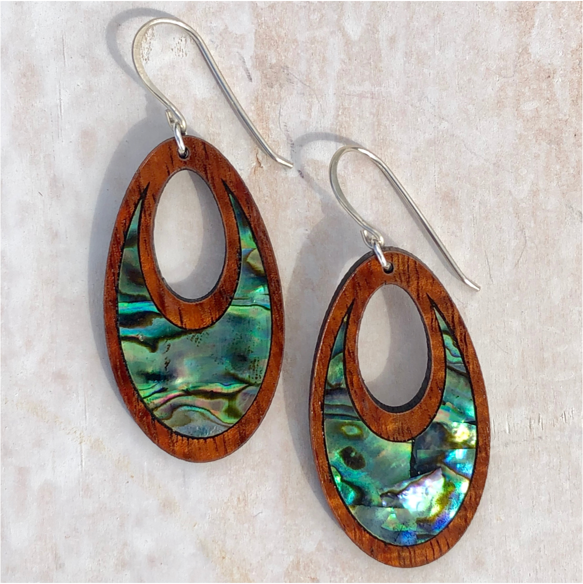 Handmade in Maui Hawaiian koa wood and abalone shell earrings