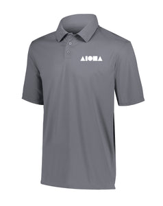 Grey collared polo shirt embroidered with silver Aloha Shapes logo on front left chest