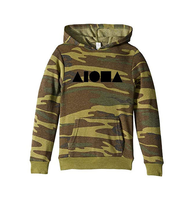 Camouflage print youth hoodie hand screen printed on front chest with black Aloha Shapes® logo. Designed in Maui, Hawaii