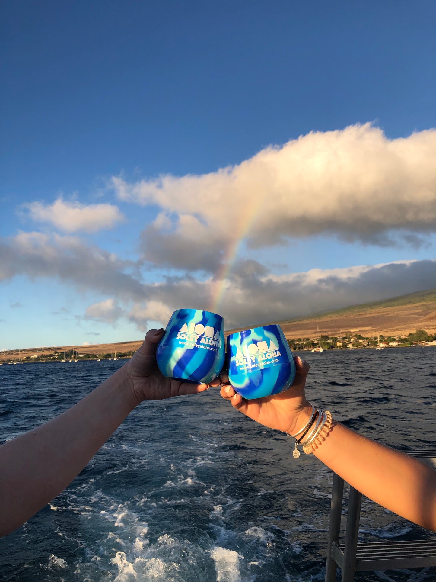 Two hands cheers on a boat with a rainbow in the background aiming right into the silicone aloha Shapes® beach cup