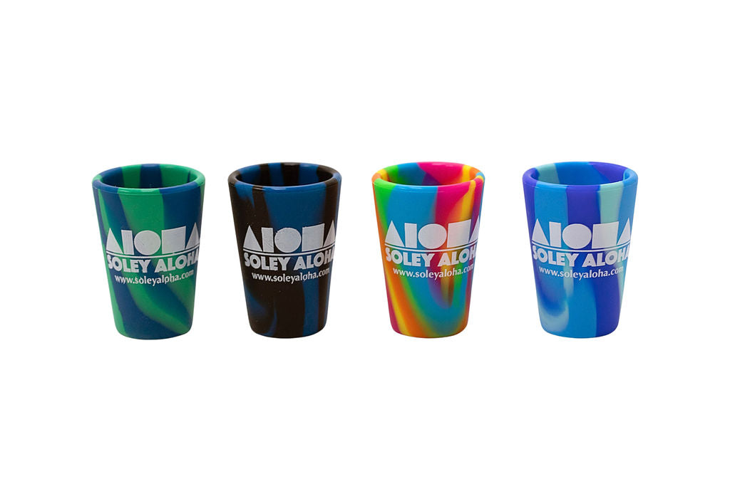 All four color options of Silipint shot glasses with Aloha Shapes® logo