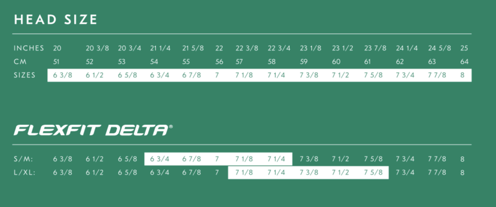 Delta Flexfit hat size chart