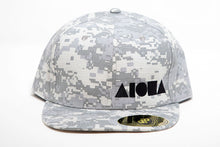 Adult flat brim snapback hat. Greyscale digital camo print fabric with black embroidered Aloha Shapes® logo.