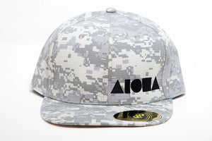 Adult flat brim snapback hat. Greyscale digital camo print fabric with black embroidered Aloha Shapes® logo.