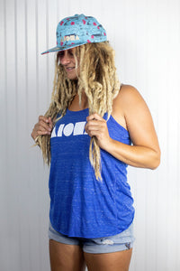 Blond dreadlocked girl wearing "sunday funday" Aloha Shapes ® logo snapback hat