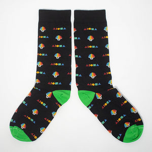 Cotton dress socks printed with alternating rainbow shave ice cups and Aloha shapes logos.