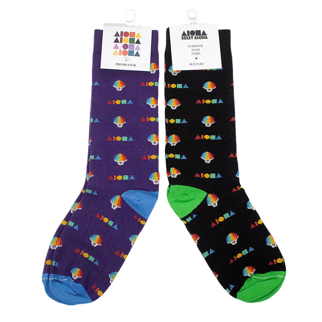 Cotton dress socks printed with alternating rainbow shave ice cups and Aloha shapes logos.