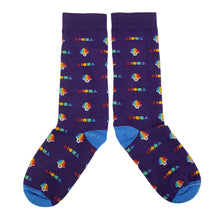Cotton dress socks printed with alternating rainbow shave ice cups and Aloha shapes logos.