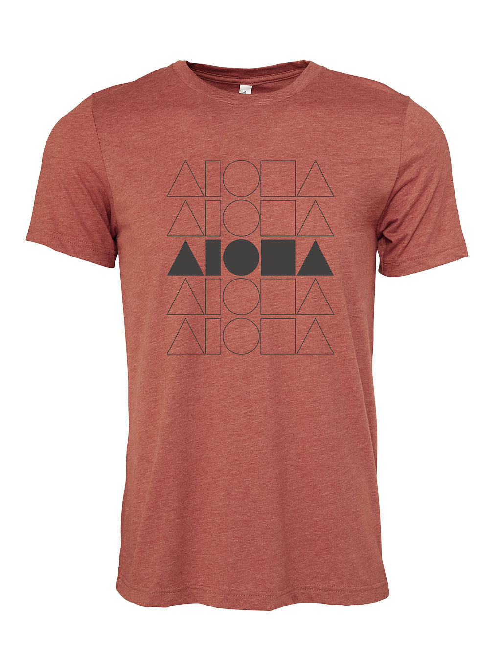 Heather clay colored unisex sueded jersey t-shirt printed front with Stacked Aloha Shapes® logo on front chest in dark grey