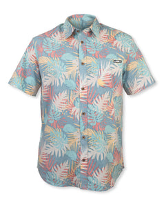Adult tropical foliage multi-colored collared aloha shirt with woven fabric Aloha Shapes logo on front left pocket