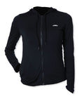 Womens longsleeve UPF50 hooded rashguard with full front zipper and small white Aloha Shapes logo on front left chest