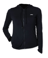 Womens longsleeve UPF50 hooded rashguard with full front zipper and small white Aloha Shapes logo on front left chest