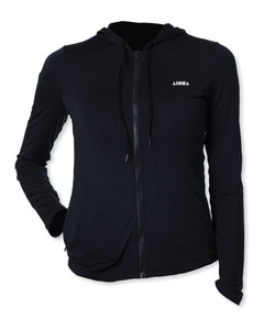 Womens longsleeve UPF50 hooded rashguard with full front zipper and small white Aloha Shapes logo on front left chest
