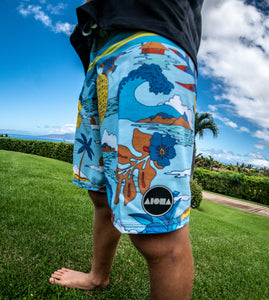 Person wearing "Domes" Aloha Surf Shapes boardshorts in a grassy field in Maui Hawaii