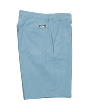 Aqua blue mens surf/walk shorts with side pockets and belt loops. Fabric woven Aloha Surf Shapes logo on back pocket. Side view