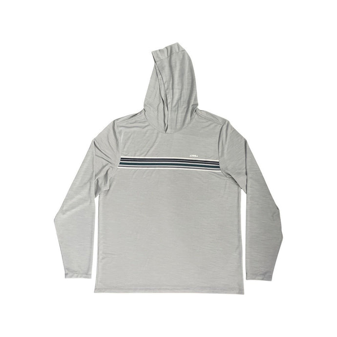 Unisex UPF50 hooded longsleeve shirt. Grey with blue/white stripes across chest. White Aloha Surf Shapes on front left chest